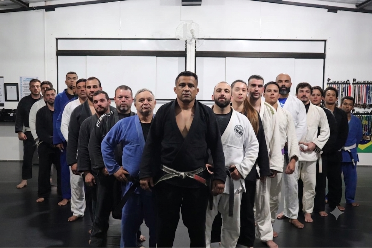 Equipe da academia perfilada no tatame